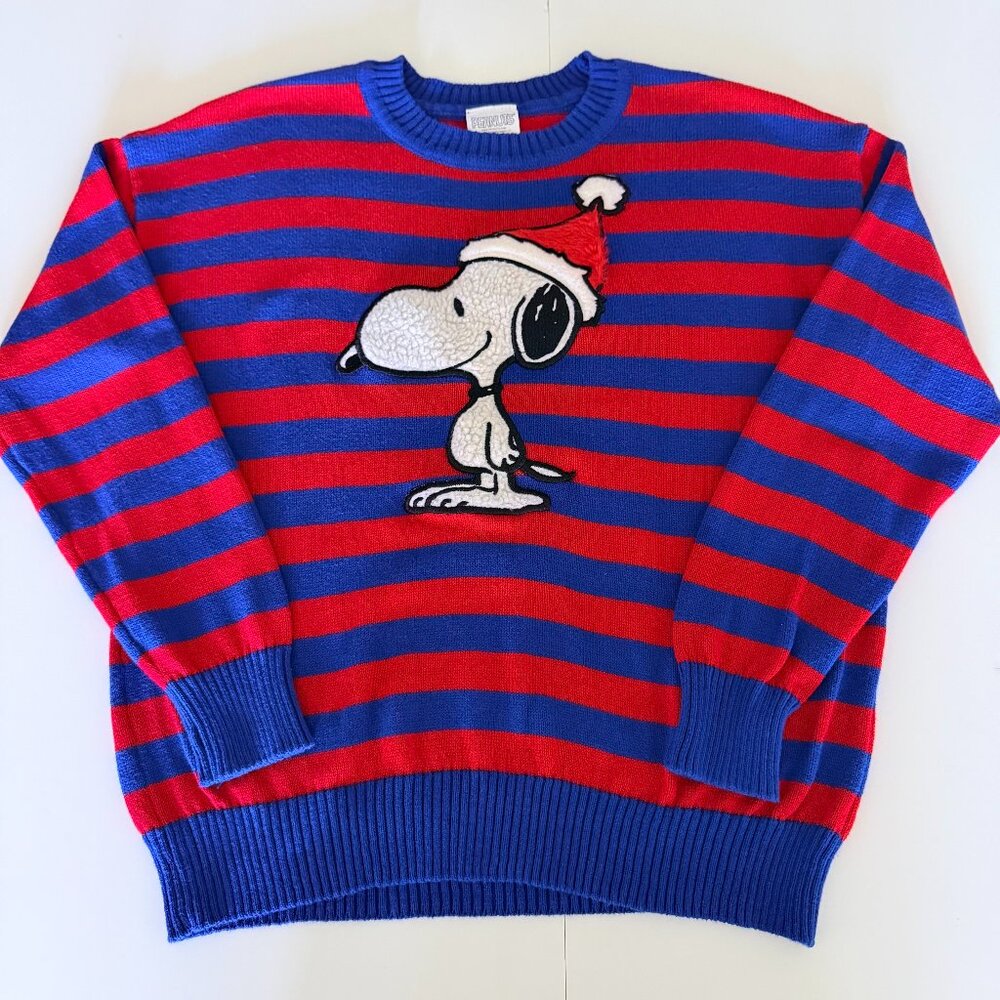 Peanuts Snoopy Santa Striped Christmas Holiday Sweater Red & Blue Sz L Snoopy